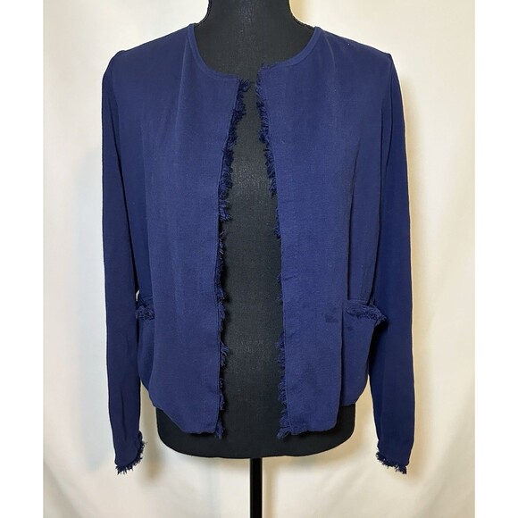 J. McLaughlin Navy Blue Fringe Pockets Open Front‎ Cardigan Women's MEDIUM - Picture 1 of 13